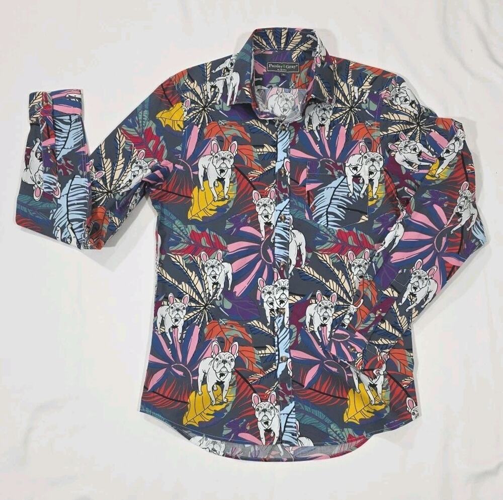 Paisley & Gray Shirt Men's Small Slim Fit 15 Long Sleeve Bulldog Print NWOT